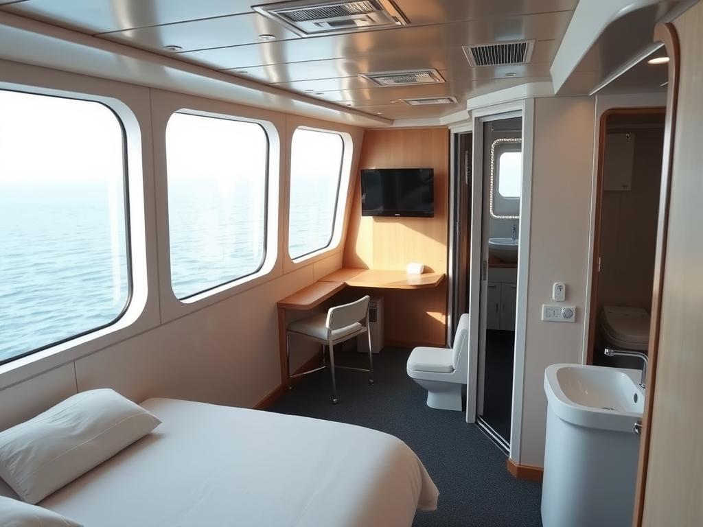 Geräumige Passagierkabine auf einem Frachtschiff mit Fenster und Schreibtisch