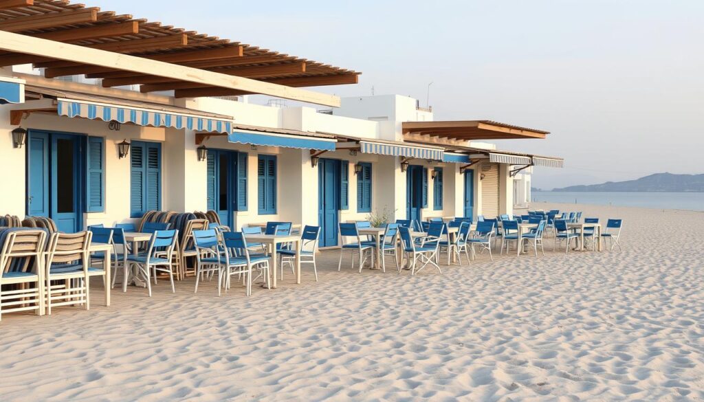 Geschlossene Strandtavernen auf Mykonos im Winter mit leeren Stühlen und Tischen