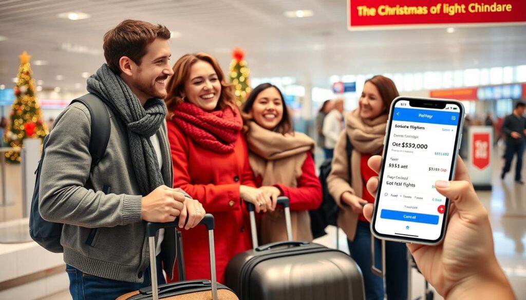 Glückliche Familie am Flughafen mit Weihnachtsdekoration, die billige Flüge über Weihnachten gefunden hat