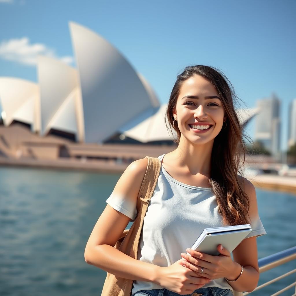 Glückliche Teilnehmerin eines Sprachaufenthalt Australien vor dem Sydney Opera House