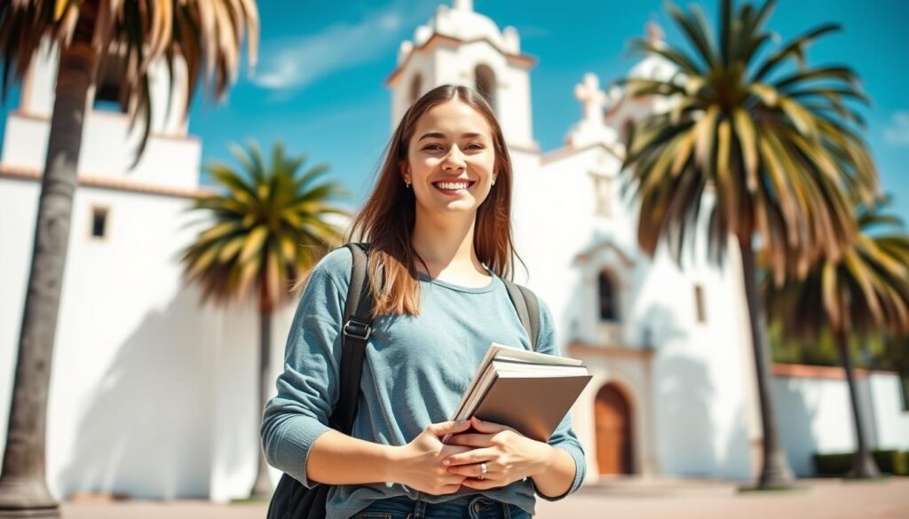 Glückliche Teilnehmerin eines Sprachaufenthalts in Santa Barbara vor der historischen Mission Santa Barbara