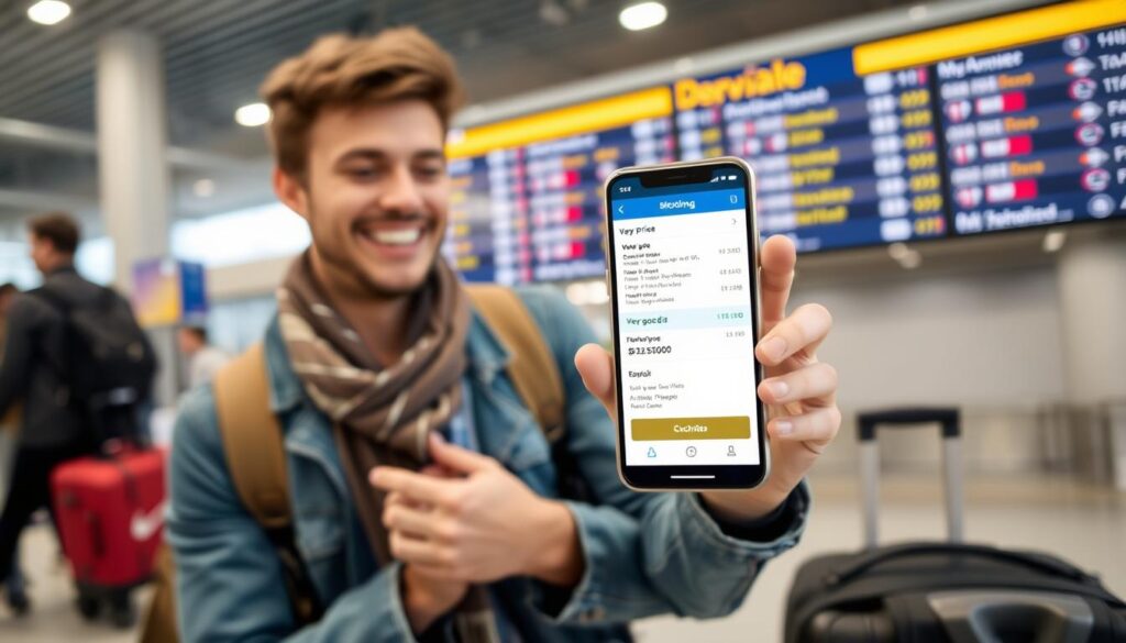 Glücklicher Reisender mit Smartphone zeigt billigflüge finden App