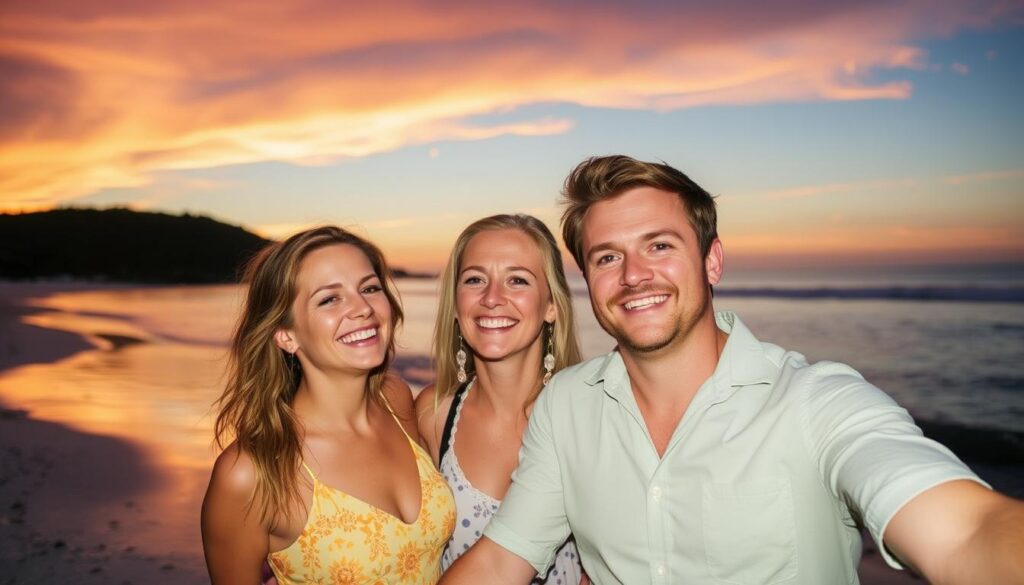Glückliches Paar genießt Pauschalreise am Strand bei Sonnenuntergang