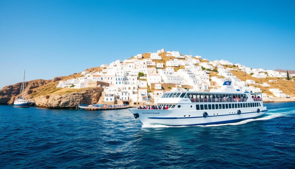 Griechische Fähre im Hafen einer Kykladeninsel mit weißen Häusern im Hintergrund
