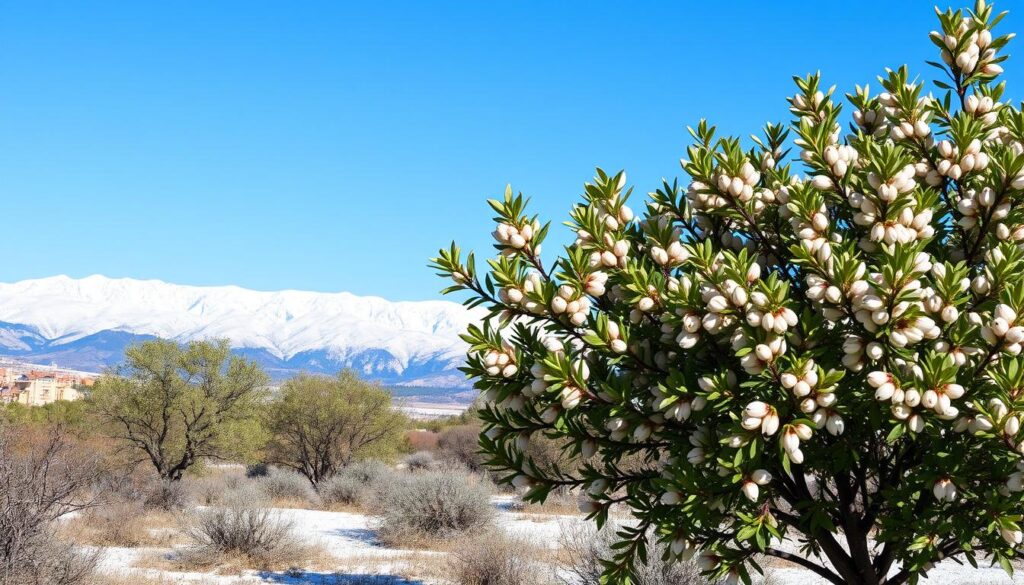 Grüne Winterlandschaft auf Kreta mit blühenden Mandelbäumen und schneebedeckten Bergen im Hintergrund