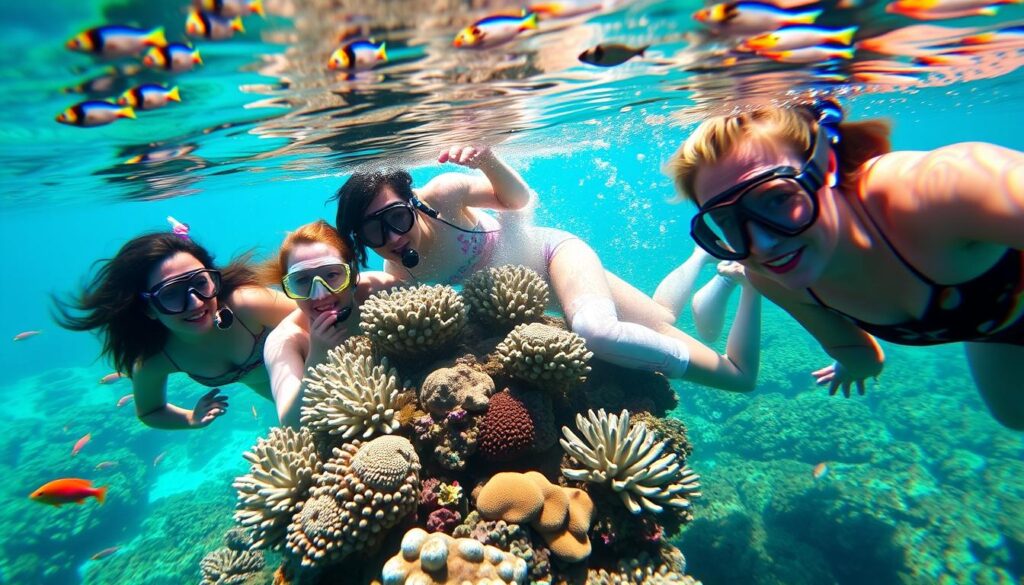 Gruppe von Sprachschülern beim Schnorcheln am Great Barrier Reef während eines Sprachaufenthalt Australien