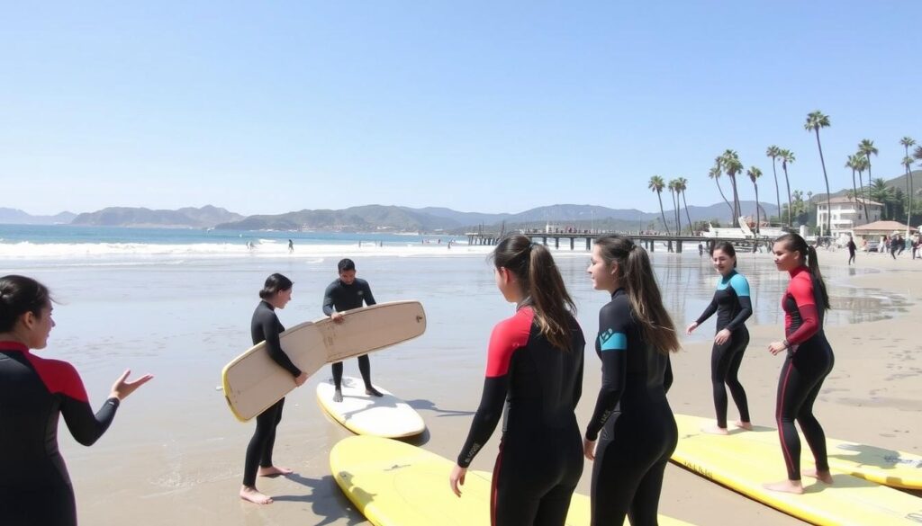 Gruppe von Sprachschülern beim Surfen am East Beach in Santa Barbara während eines Sprachaufenthalts