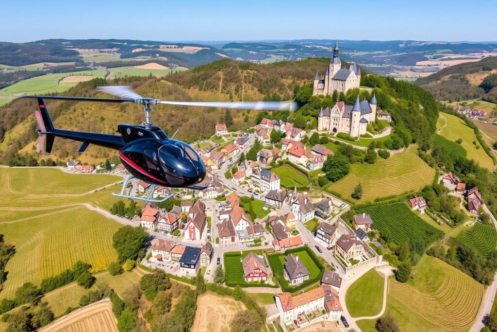 Helikopterflug über die Weinberge und mittelalterlichen Dörfer im Elsass