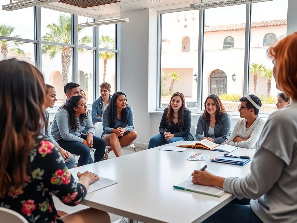 Interaktiver Englischunterricht in einer modernen Sprachschule in Santa Barbara mit internationalen Studenten