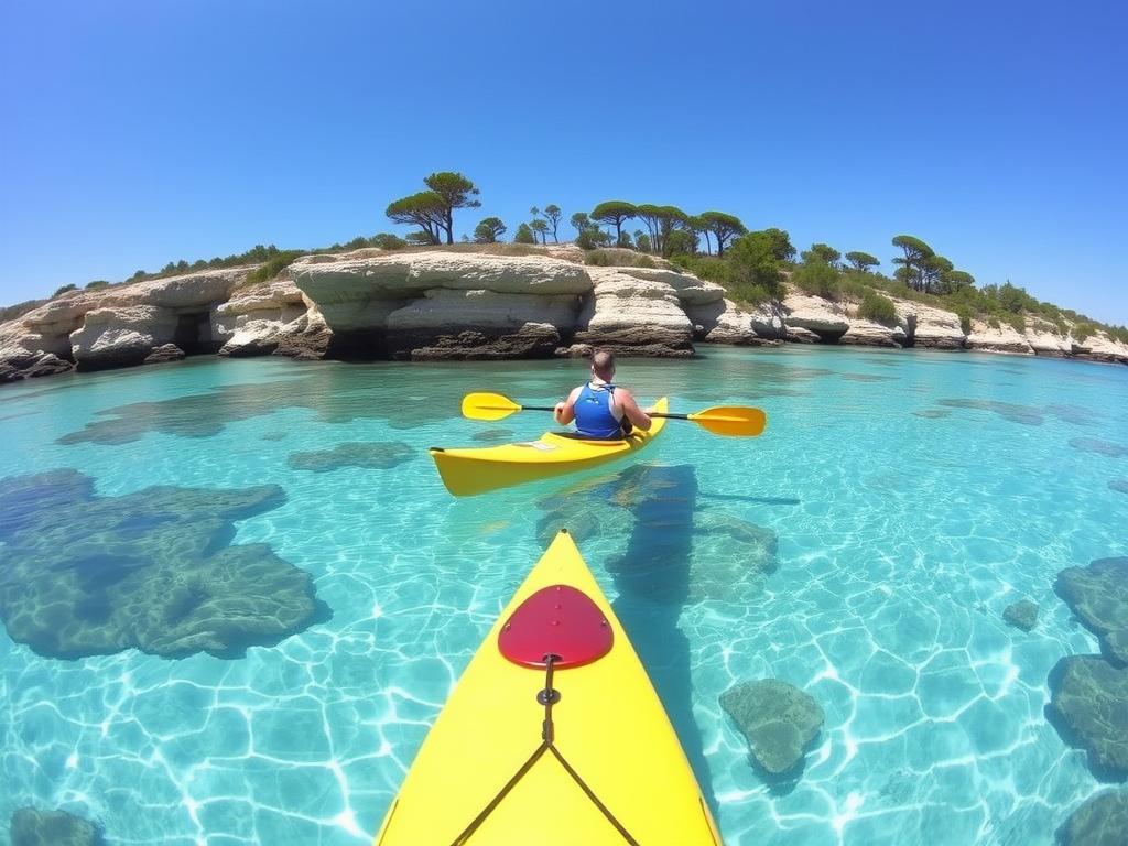 Kajakfahren an der Küste von Formentera mit klarem türkisblauem Wasser - Aktivität für deinen Formentera Urlaub machen