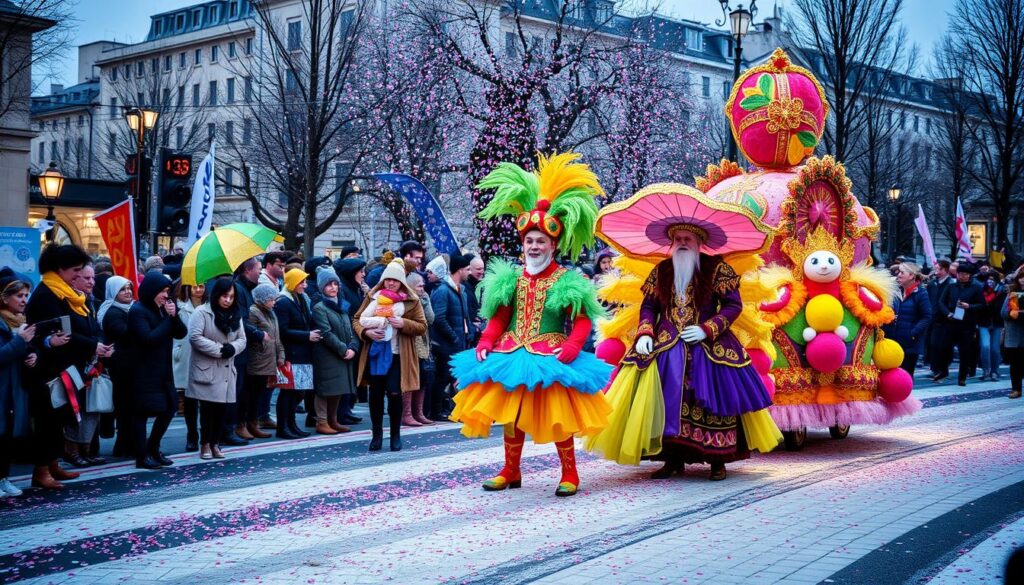 Karnevalsparade in Patras mit bunten Kostümen und Wagen