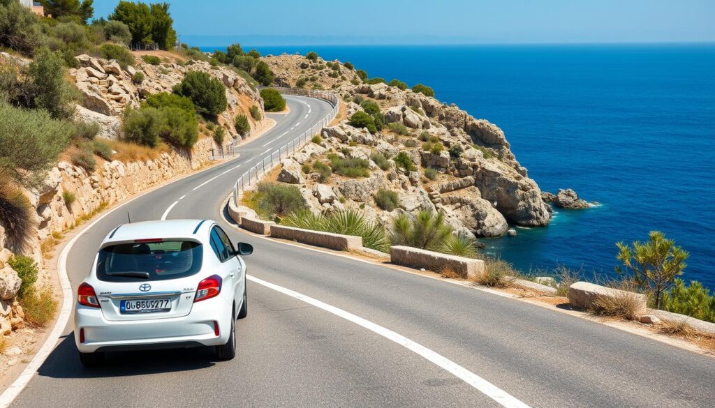 Kleiner Mietwagen auf einer malerischen Küstenstraße in Griechenland im Sommer