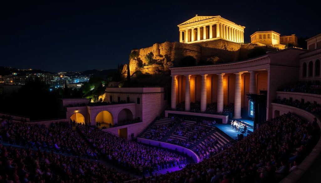 Konzert im antiken Odeon des Herodes Atticus unterhalb der Akropolis bei Nacht