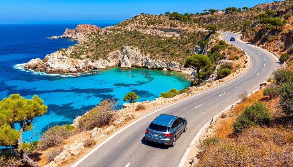 Küstenstraße auf Mallorca im Sommer mit Blick auf das Meer und Mietwagen