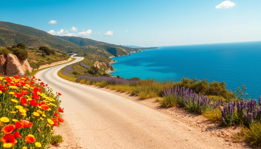 Leere Küstenstraße in Griechenland im Frühling mit blühenden Wildblumen am Straßenrand