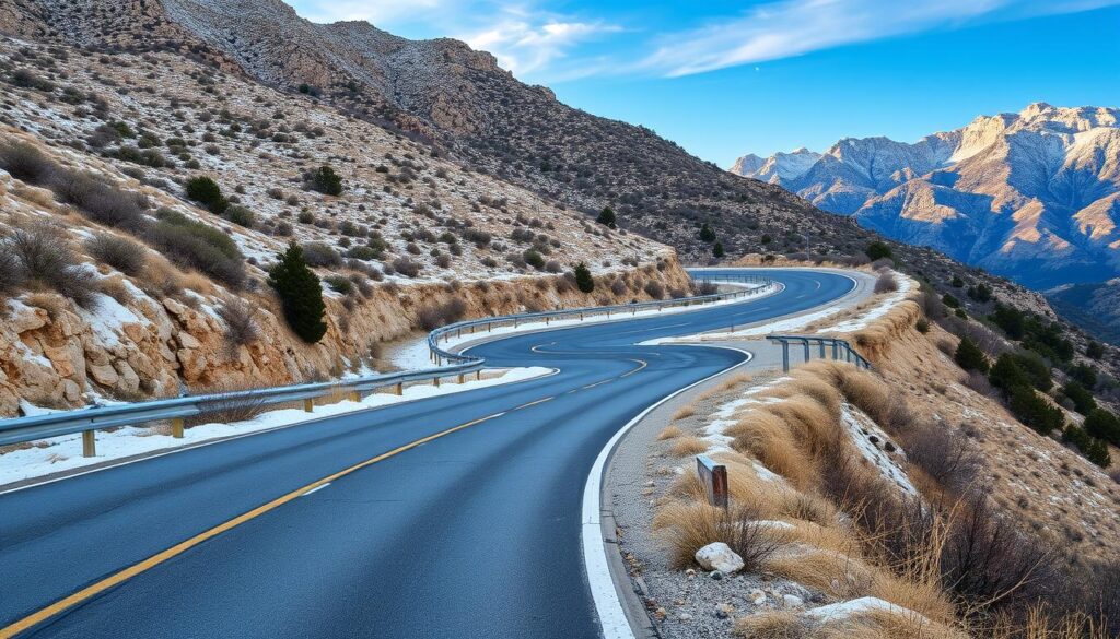 Leere Serpentinenstraße in der Serra Tramuntana auf Mallorca im Winter