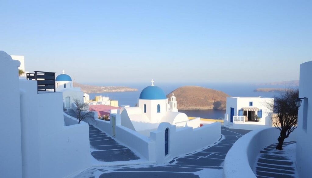 Leeres Oia auf Santorini im Winter mit weißen Häusern und blauer Kuppel ohne Touristen