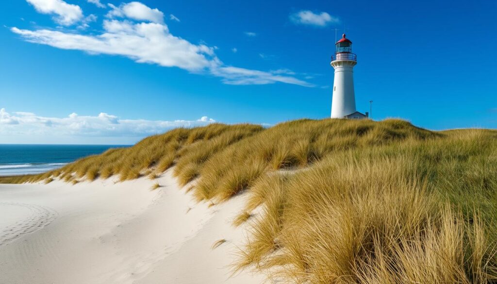 Leuchtturm auf Borkum mit Dünenlandschaft - Pauschalurlaub Nordsee