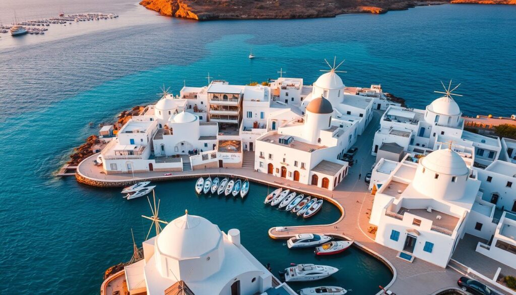 Luftaufnahme von Mykonos-Stadt mit weißen Windmühlen und dem kleinen Venedig im Sonnenuntergang