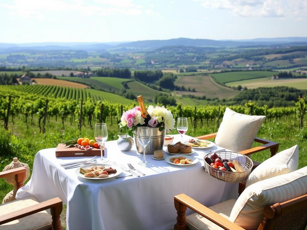 Luxuriöses Picknick in den Weinbergen des Elsass mit Champagner und lokalen Spezialitäten