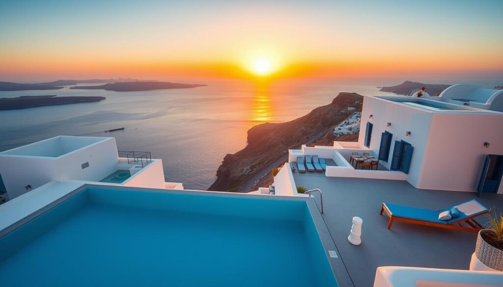 Luxushotel mit Infinity-Pool und Blick auf das Meer in Santorini