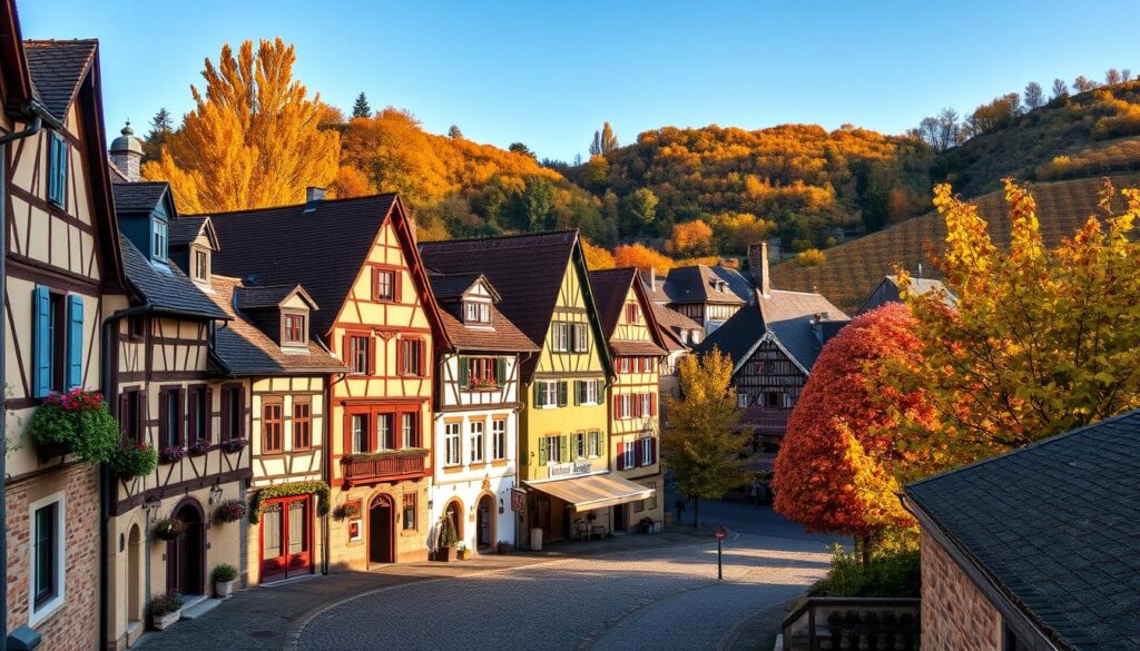 Malerisches elsässisches Dorf Riquewihr im Herbst mit bunten Weinbergen