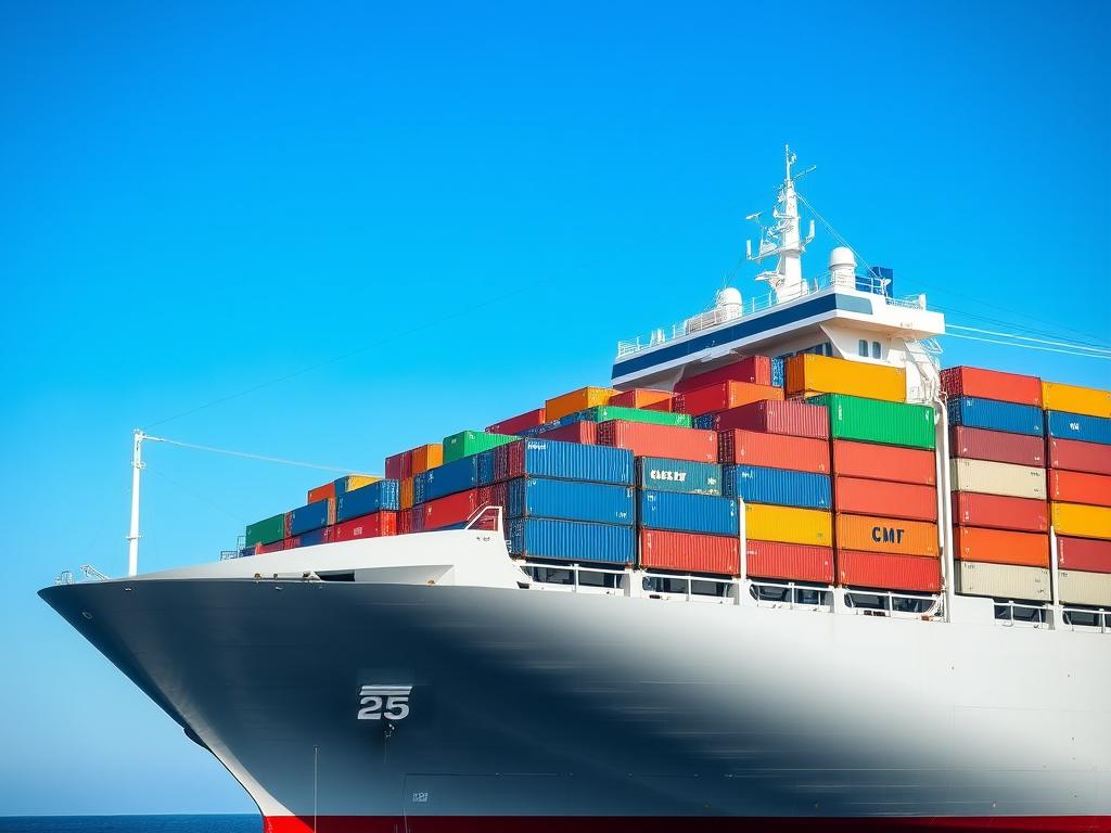 Modernes Containerschiff beladen mit bunten Frachtcontainern während einer Frachtschiffreise