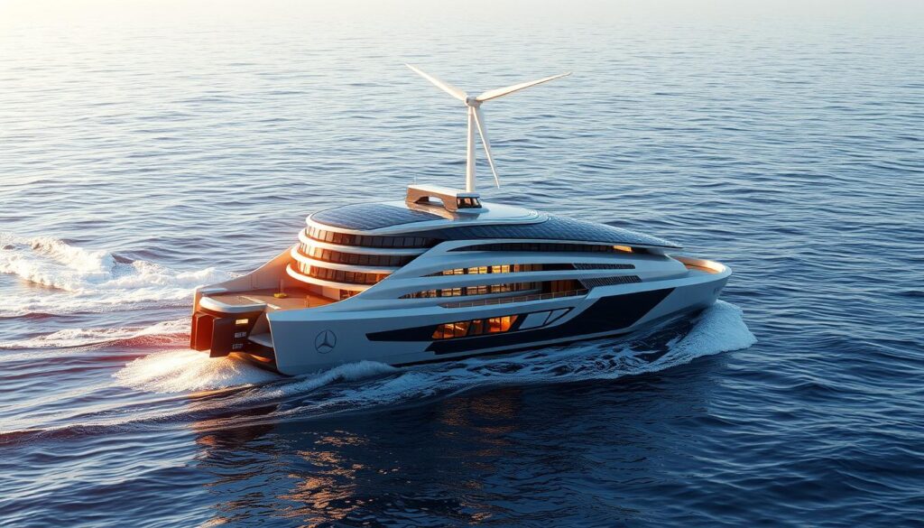 Modernes umweltfreundliches Frachtschiff mit Windantrieb und Solarpanels