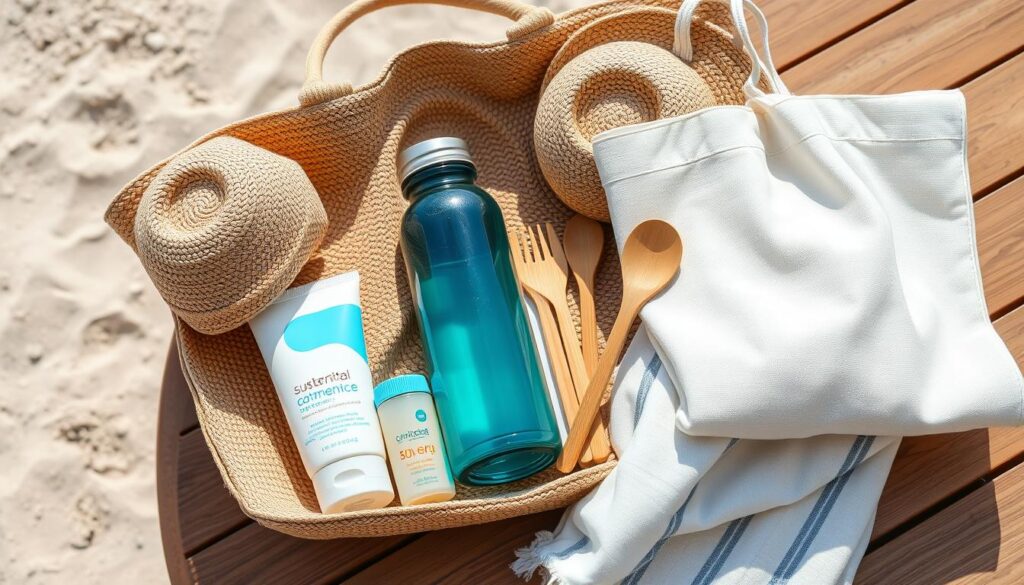 Nachhaltige Strandtasche mit Utensilien für einen umweltbewussten Formentera Urlaub machen