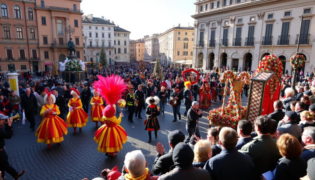 Neujahrsparade auf der Piazza del Popolo in Rom mit bunten Kostümen und Musik