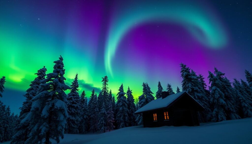 Nordlichter über einer verschneiten Landschaft in Lappland zu Silvester