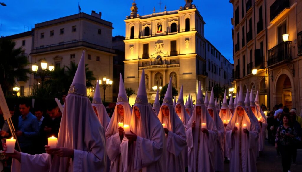 Osterprozession in Palma de Mallorca mit traditionellen Gewändern und Kerzen