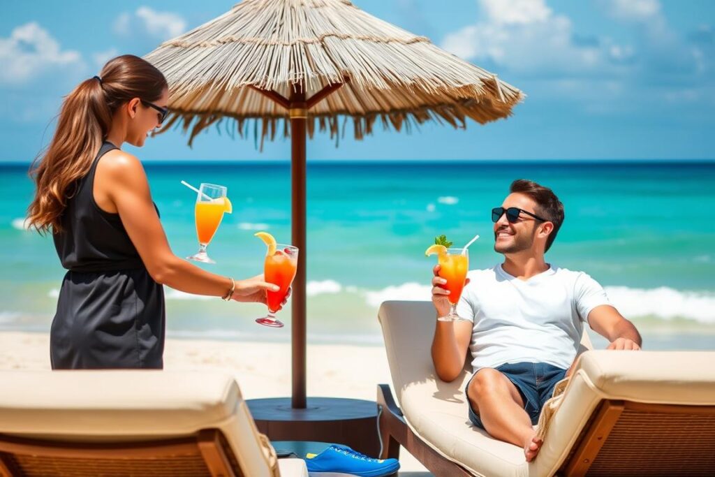 Paar genießt All-Inclusive-Service am Strand von Puerto Vallarta während ihrer Pauschalreise Puerto Vallarta Mexico