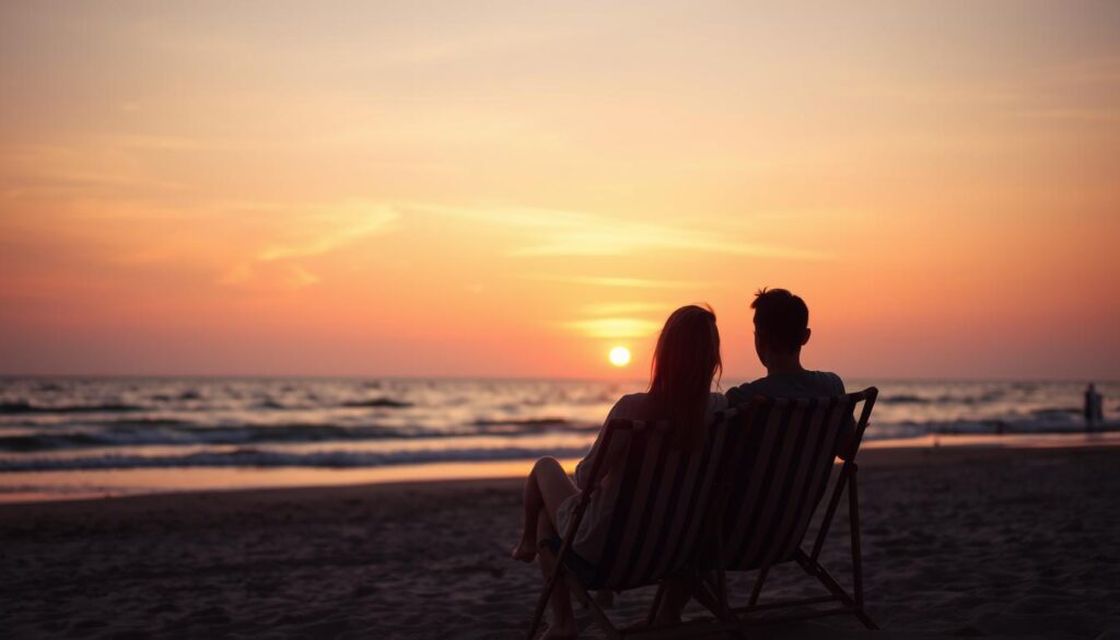 Paar genießt Sonnenuntergang am Nordseestrand in einem Strandkorb - Pauschalurlaub Nordsee