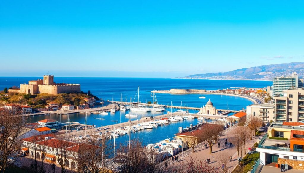 Panoramablick auf Alanya im Winter mit der Burg und dem Hafen