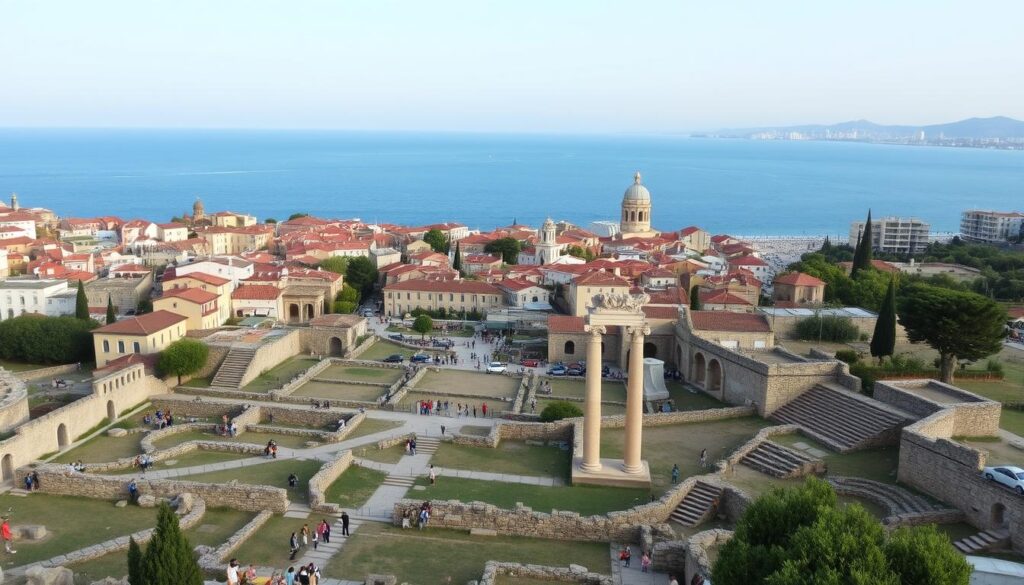 Panoramablick auf die historische Altstadt von Side mit antiken Ruinen