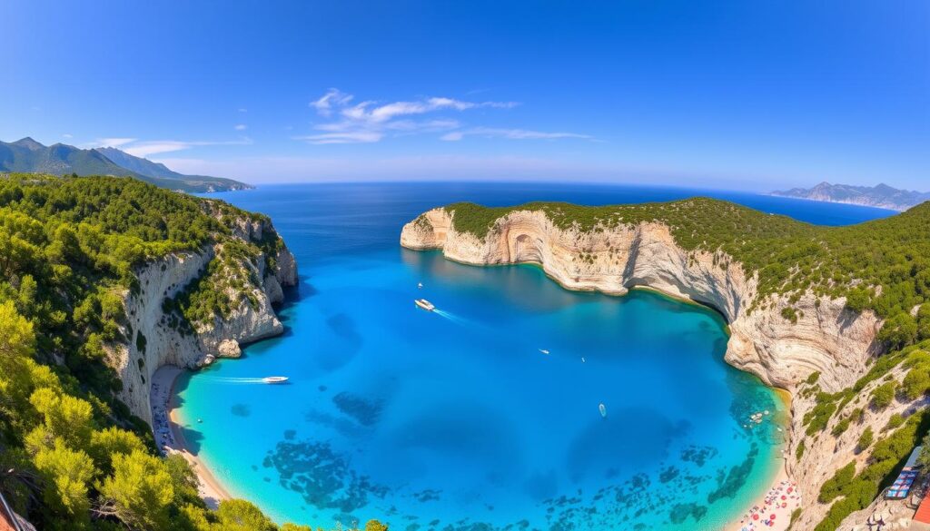 Panoramablick auf eine Bucht auf Mallorca im Sommer mit türkisblauem Wasser und Bergen im Hintergrund