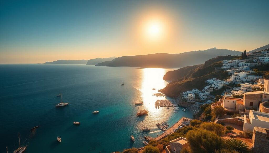 Panoramablick auf eine griechische Küstenlandschaft im goldenen Abendlicht des Sommers