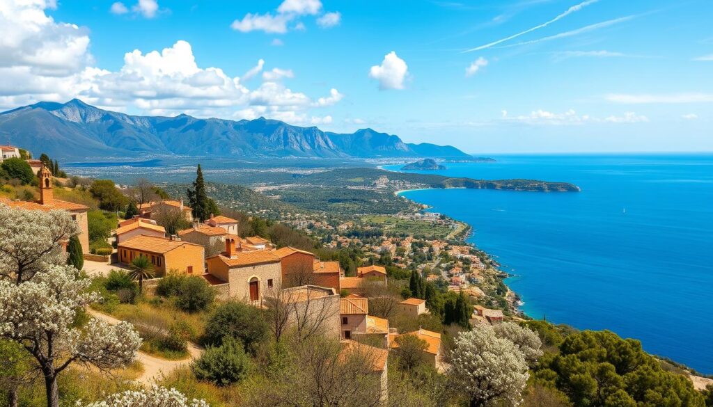 Panoramablick über eine blühende Landschaft auf Mallorca im Frühling mit Meer im Hintergrund
