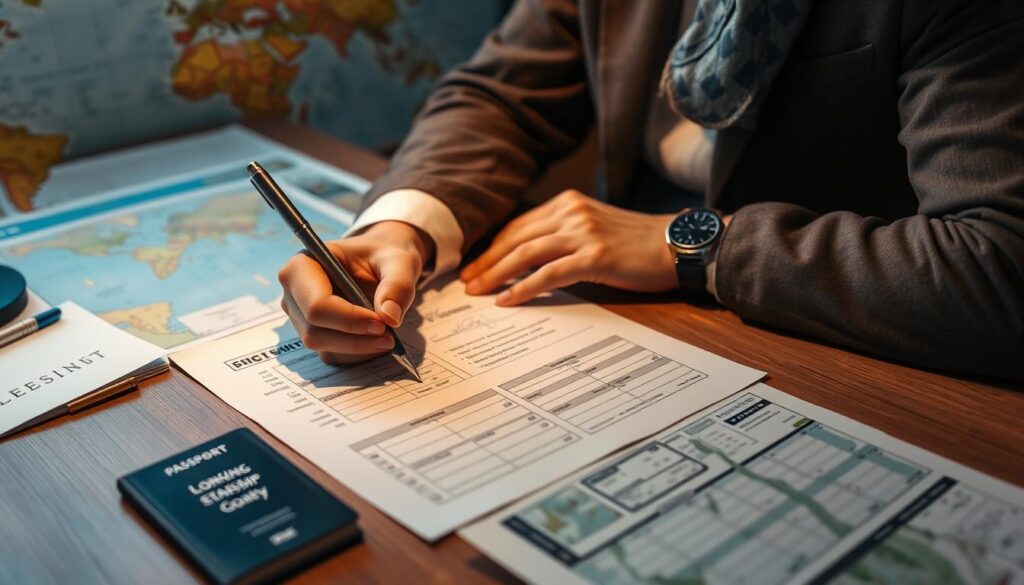 Person beim Ausfüllen von Buchungsunterlagen für eine Frachtschiffreise