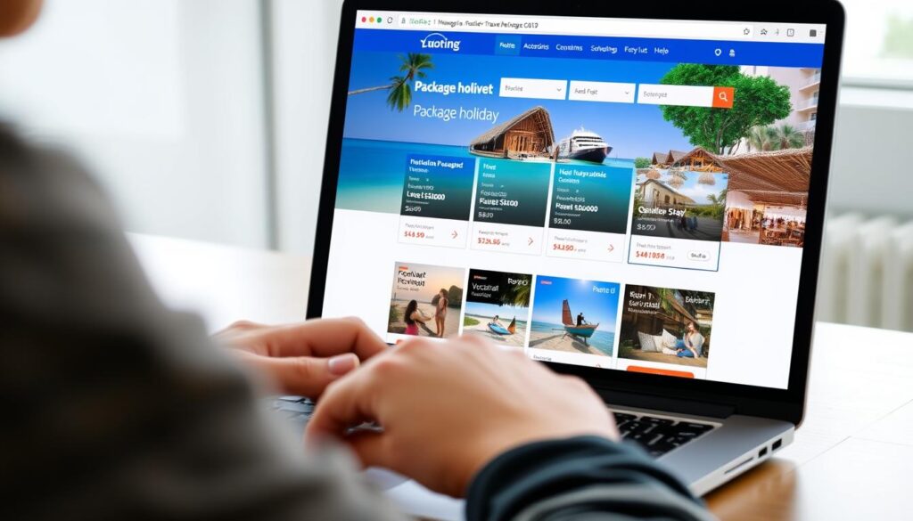 Person bucht Pauschalreise online am Laptop