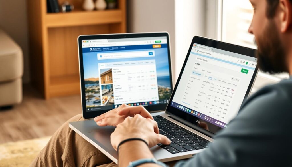 Person bucht günstige Flüge am Laptop zum billigflüge finden