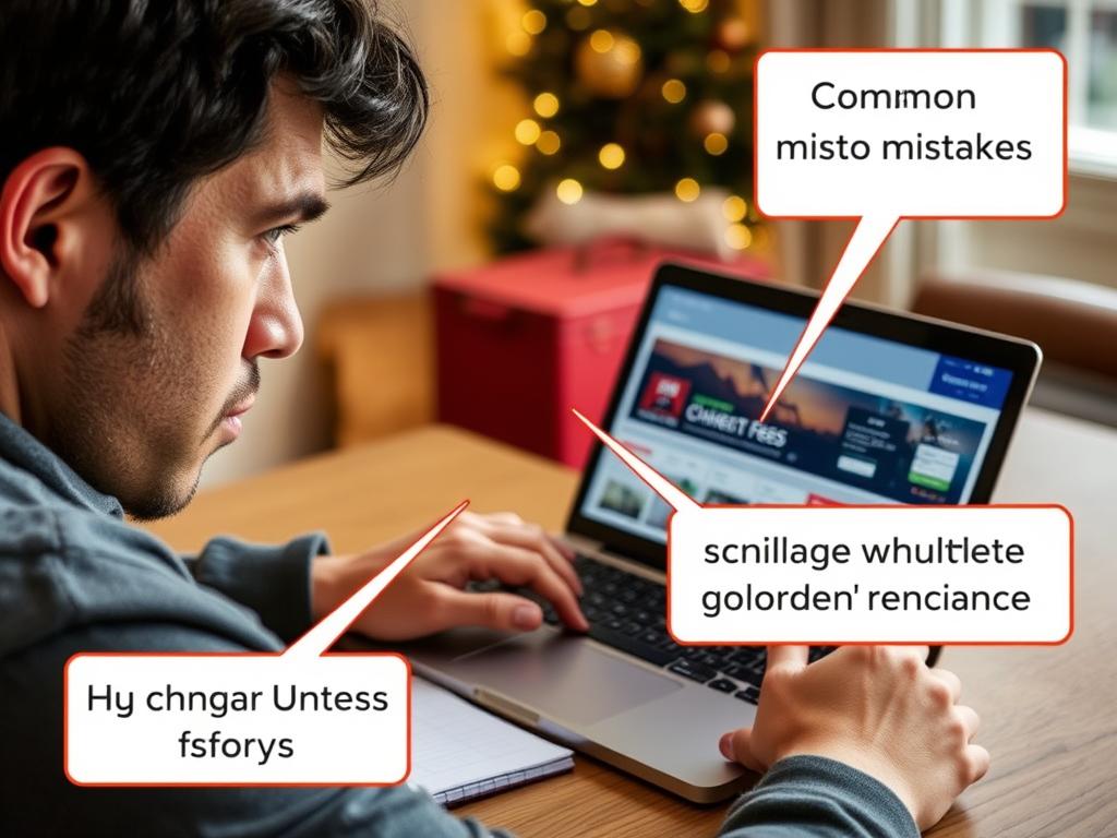 Person, die Flugbuchungsfehler auf einem Laptop vermeidet, um billige Flüge über Weihnachten zu finden