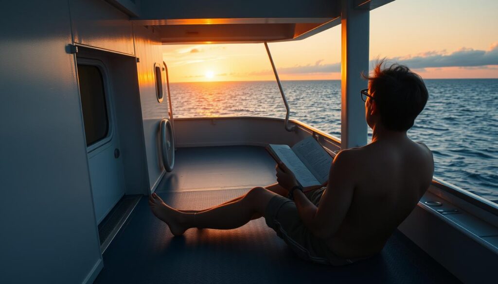 Person entspannt auf dem Deck eines Frachtschiffs mit Blick auf den Sonnenuntergang über dem Meer