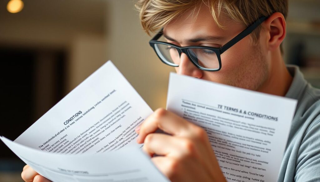 Person liest aufmerksam die Reisebedingungen vor der Buchung einer Pauschalreise