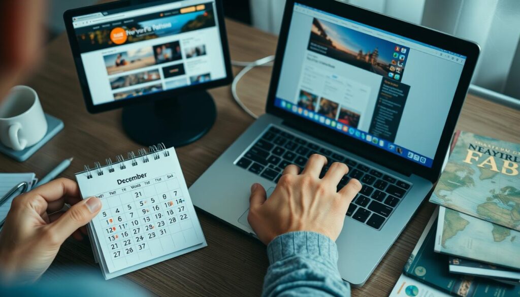 Person plant Silvesterurlaub am Laptop mit Kalender und Reiseführern