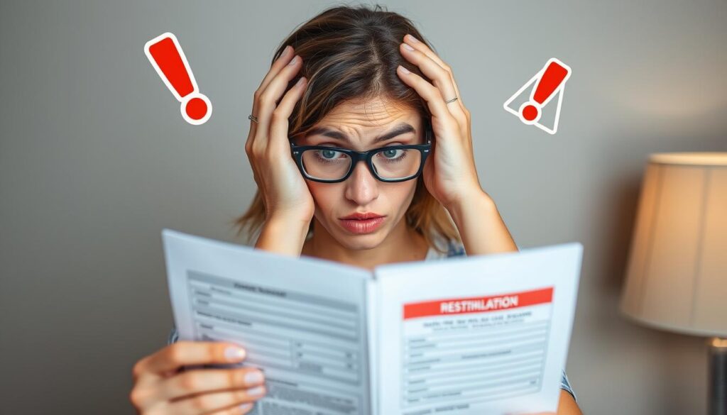 Person schaut frustriert auf Reiseunterlagen mit Ausrufezeichen