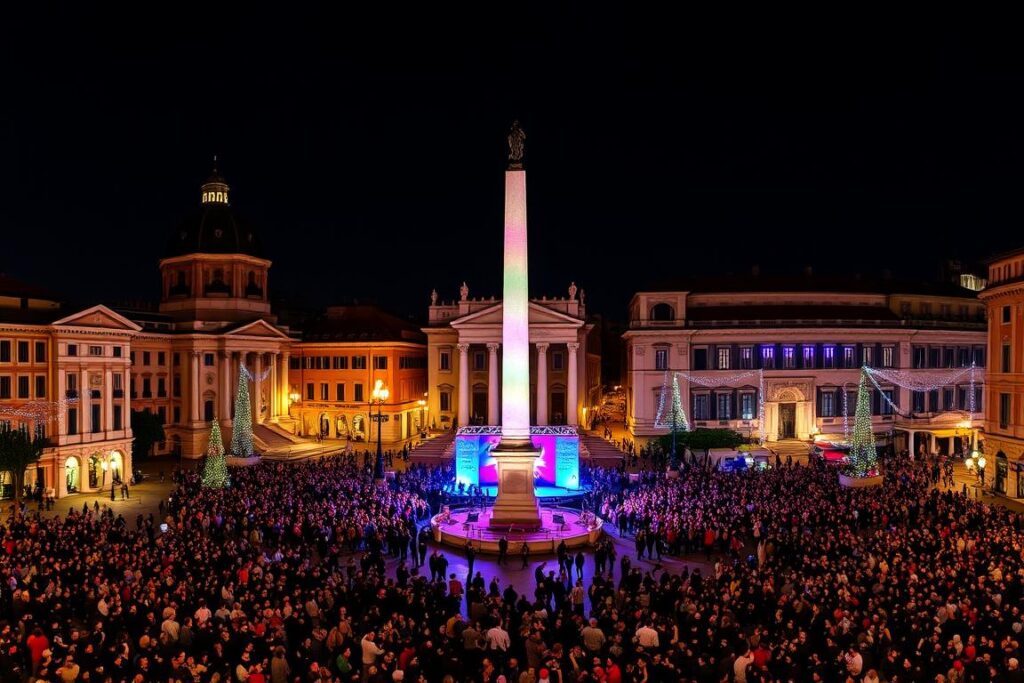 Piazza del Popolo in Rom während der Silvesterfeierlichkeiten mit Menschenmenge und Bühne