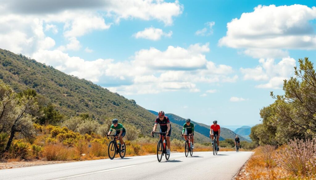 Radfahrer auf einer Landstraße auf Mallorca im Frühling mit blühenden Mandelbäumen