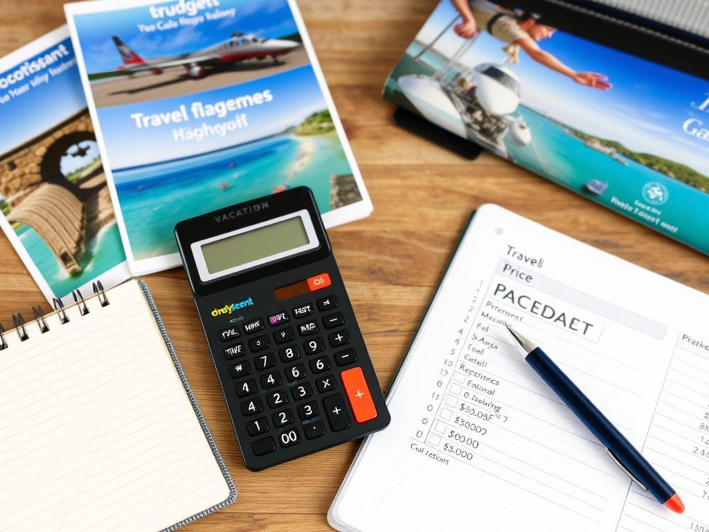 Reisebudget-Planung mit Notizbuch, Taschenrechner und Reisekatalog